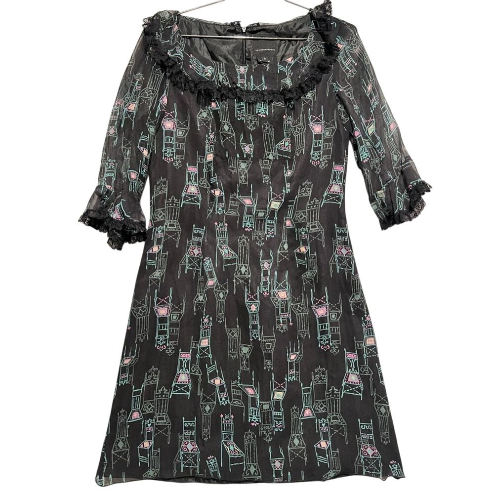 Anna Sui for Anthropologie Silk Chair Print Lace Trim Dress Size 0 Black